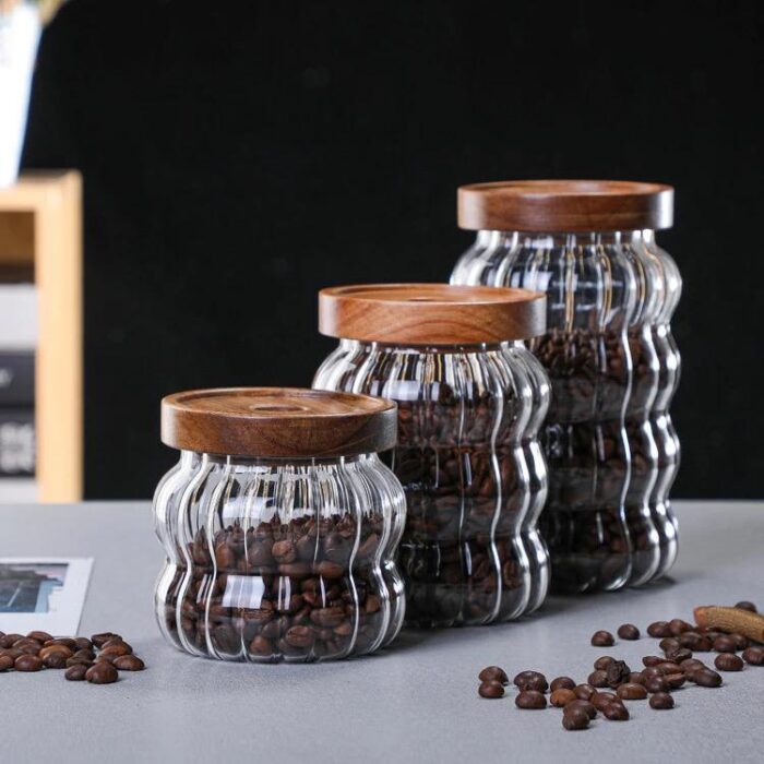 Wavy Shape Borosilicate Kitchen Glass Jar with Wood Lid (700 ml)
