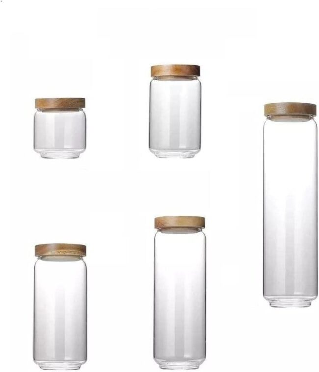 Set Of Five Pieces Borosilicate Glass Jars with Acacia Wood Air-tight Lid 1300ml-1000ml-750ml-500ml-350ml