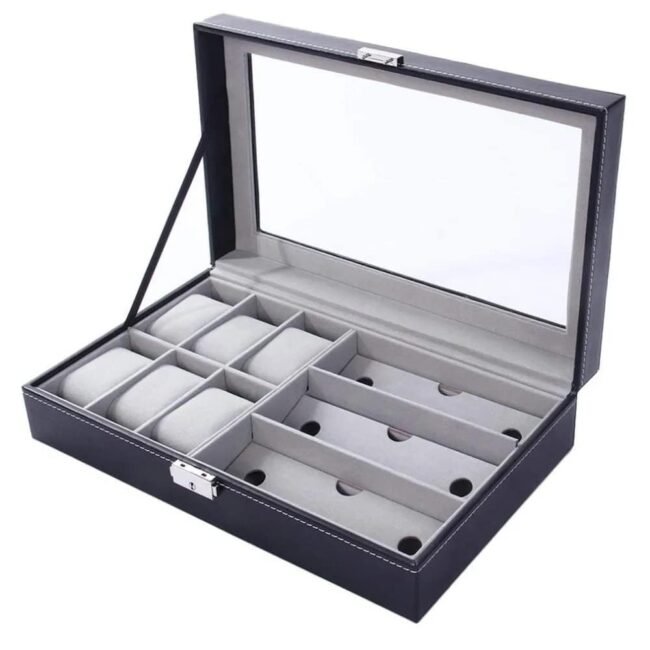 Leather Watch & Glasses Box Organizer 6 Slots For Watches And 3 Slots For Glasses