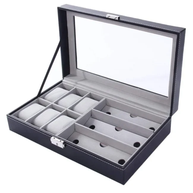 Leather Watch & Glasses Box Organizer 6 Slots For Watches And 3 Slots For Glasses
