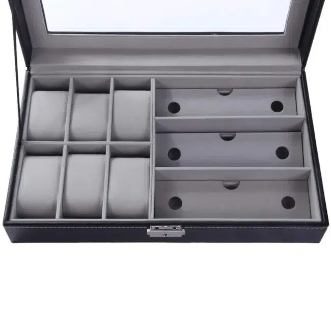 Leather Watch & Glasses Box Organizer 6 Slots For Watches And 3 Slots For Glasses