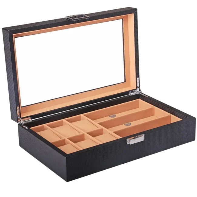 Luxury Carbon Fiber Leather Watch & Glasses Box Organizer 6 Slots For Watches And 3 Slots For Glasses