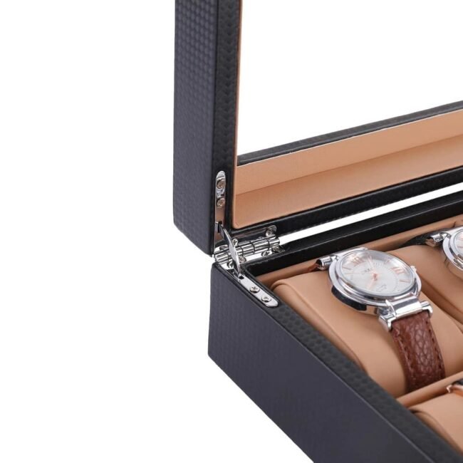 Luxury Carbon Fiber Leather Watch & Glasses Box Organizer 6 Slots For Watches And 3 Slots For Glasses