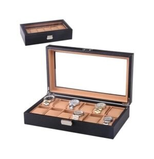 Luxury Carbon Fiber Leather Watch Box Organizer 12 Slots