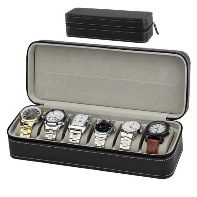 Watch Box Portable Travel Zipper Case (Black) With 6 Slot