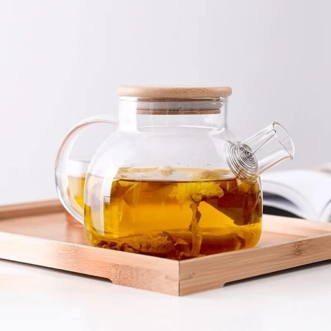High Borosilicate Pyrex Glass Teapot With Stainless Steel Filter And Bamboo Lid -(1000Ml)