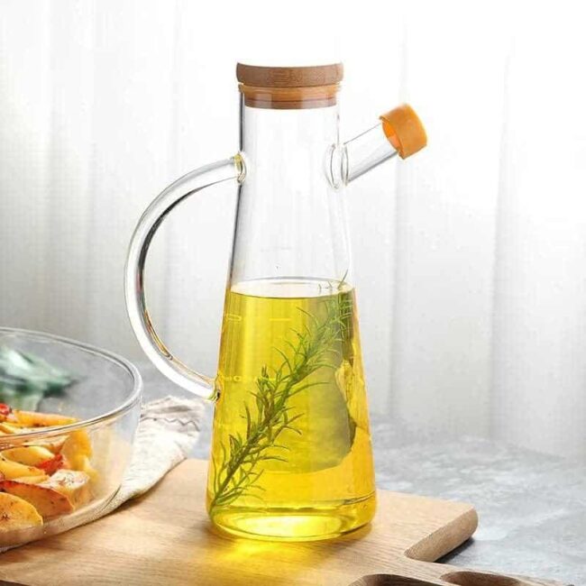 Oil And Vinegar Bottle, Transparent Borosilicate Glass, With Handle -Bamboo wood lid -(500ML)