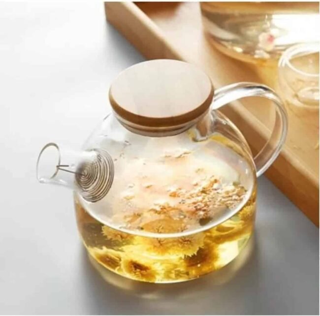 High Borosilicate Pyrex Glass Teapot With Stainless Steel Filter And Bamboo Lid -(1000Ml)