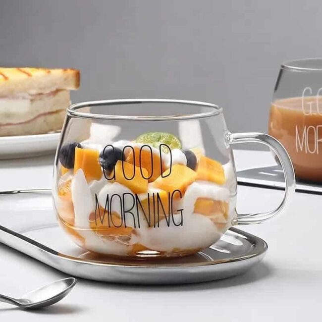 مج زجاج مقاوم للحرارة للشاي والقهوة والمشروبات الباردة بطباعة عبارة «Good Morning» مصنوع من زجاج البوروسيليكات عالي الجودة مع مقبض - 350 مل، 350.0 ml، شفاف