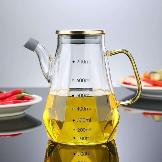 زجاجة زيت وخل، زجاج البوروسيليكات الشفاف المقاوم للحرارة، مع مقبض كبير وغطاء محكم من الستانلس ستيل - (700 مل)