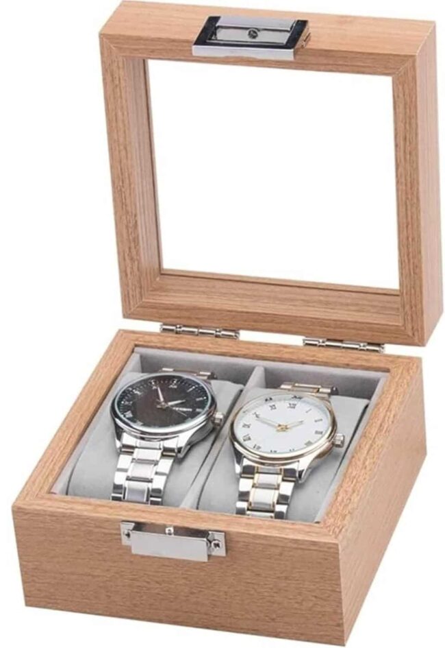صندوق خشبي منظم عالي الجودة مع غطاء زجاج لتنظيم المجوهرات والساعات، مكون من قسمين مقاس 12 سم × 12 سم × 7.5 سم مناسب لغرفة الملابس - صندوق ساعات