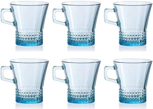 Pasabahce Tea Mug Set Kuvars -6 Cups- 250 ml -Turqouise Color-Turkey Origin