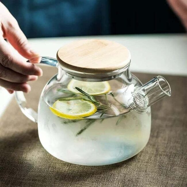 High Borosilicate Pyrex Glass Teapot With Stainless Steel Filter And Bamboo Lid -(1000Ml)
