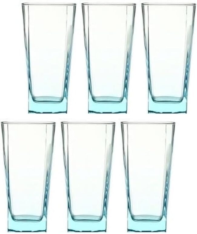 Pasabahce Large Juice and Water Colored Cups Set of 6 - Carre Long Drink- 305ml -Turquoise Color -Turkey Origin
