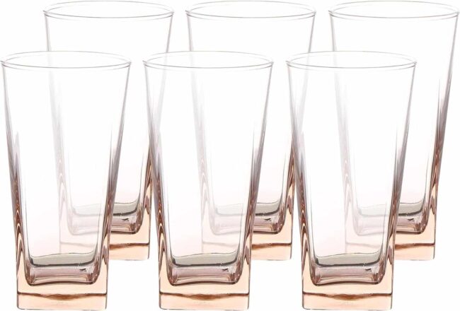Pasabahce Large Juice and Water Colored Cups Set of 6 - Carre Long Drink- 305ml -Pink Color -Turkey Origin