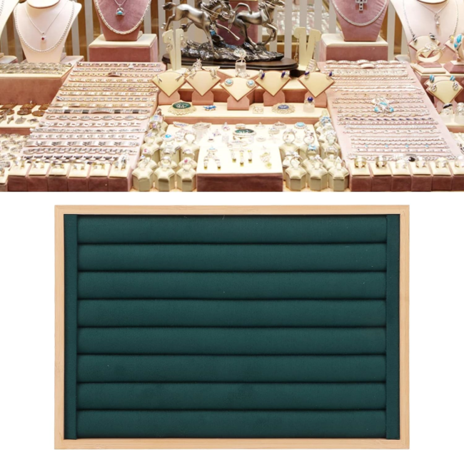 Wooden Organizer Tray For Jewelry And Accessories Necklace ,Rings And Earrings -(35 * 24 * 3Cm)- Green Velvet