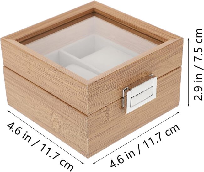 صندوق خشبي منظم عالي الجودة مع غطاء زجاج لتنظيم المجوهرات والساعات، مكون من قسمين مقاس 12 سم × 12 سم × 7.5 سم مناسب لغرفة الملابس - صندوق ساعات