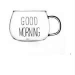 مج زجاج مقاوم للحرارة للشاي والقهوة والمشروبات الباردة بطباعة عبارة «Good Morning» مصنوع من زجاج البوروسيليكات عالي الجودة مع مقبض - 350 مل، 350.0 ml، شفاف