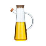 زجاجة زيت وخل مصنوعة من زجاج البوروسيليكات الشفاف مع مقبض وغطاء من خشب البامابو (500 مل)