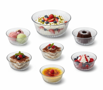 Pasabahce Frezya Round Glass Dessert Bowl Set of 7Pcs 1 Large Bowl(2650ml-24cm)+6 Small Bowls(330ml-12.5cm) Turkey Made