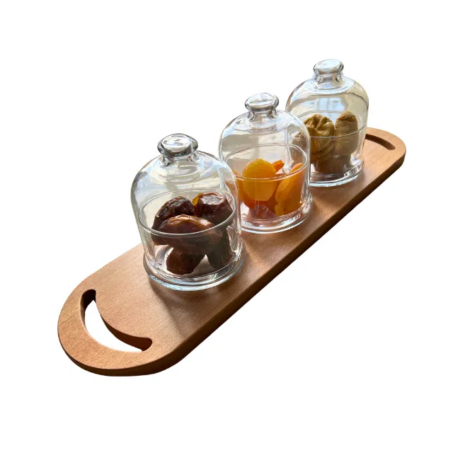 Pasabahce Basic Glass Dates 3 Bowls -(9cm) 230ml + Wooden Tray - Image 1