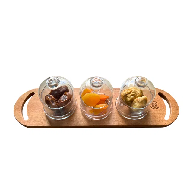 Pasabahce Basic Glass Dates 3 Bowls -(9cm) 230ml + Wooden Tray - Image 3