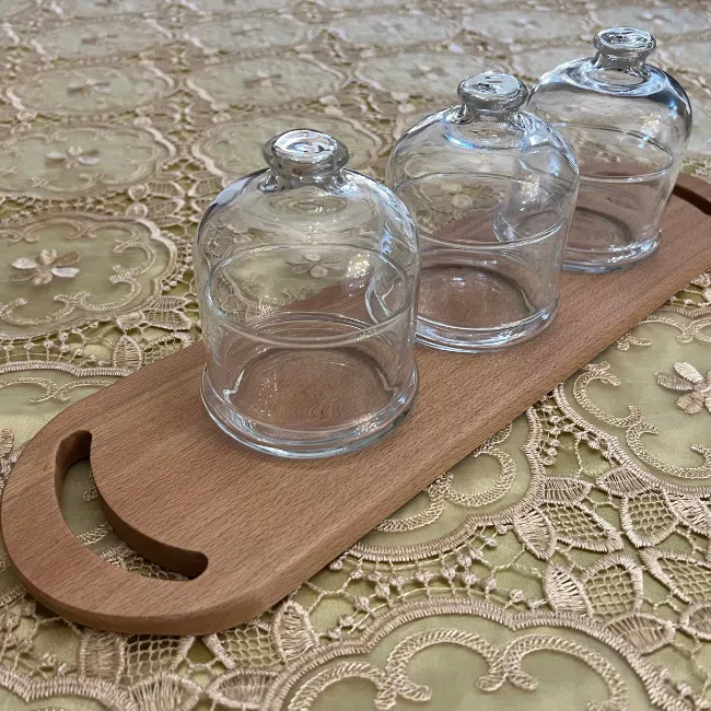 Pasabahce Basic Glass Dates 3 Bowls -(9cm) 230ml + Wooden Tray - Image 4
