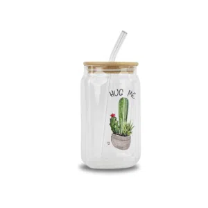 Glass Mug With Airtight Bamboo Lid And Glass Straw Can Shape-380ml (H)