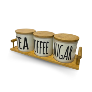 Porcelain Jar set with Airtight Bamboo lids (500ml) Set of 3 jars With Bamboo Tray for Tea ,Coffee and Sugar