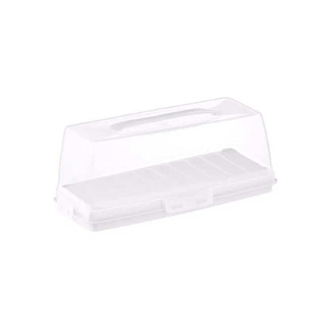 Dunya Plastic Rectangle Cake & Toast Carrier Box With Clip Lock Cover-BPA Free-(37 * 7.5cm)-Turkey Made White - Image 1