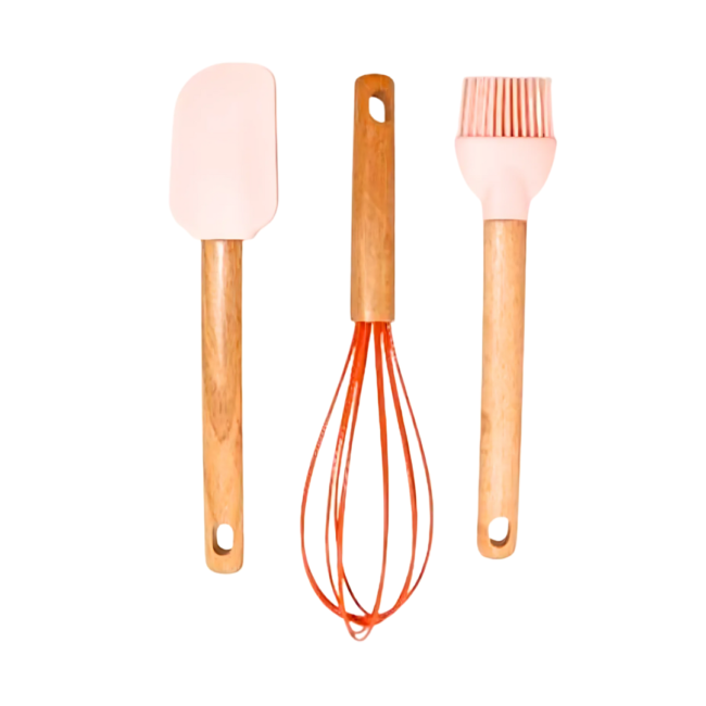 Silicone Cooking Set Consist of 3 PCS (Spatula/Egg Beater/Brush) With Wooden Handel 26cm (Pink).