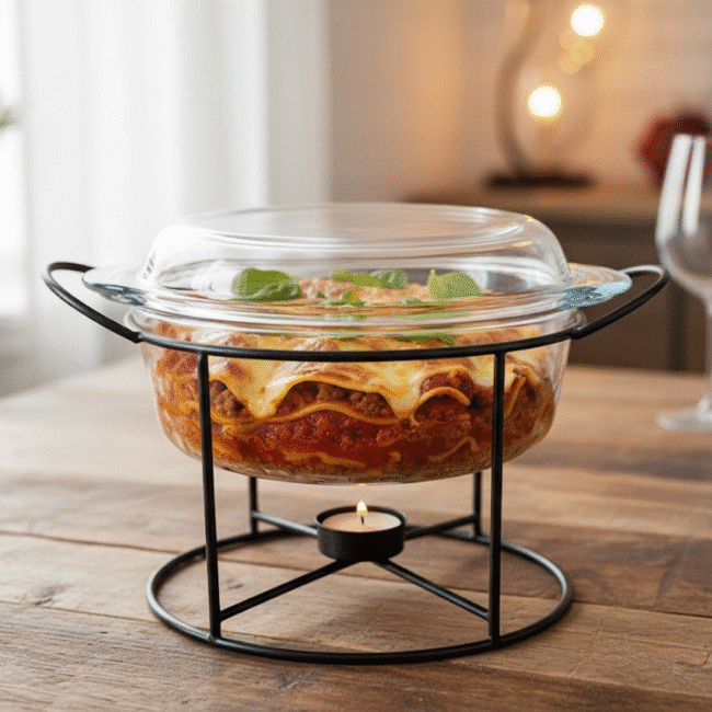 ⁦طاجن زجاجي دائري بوركام مع غطاء وحامل أسود – 2100 مل – صناعة تركية⁩ - الصورة ⁦3⁩