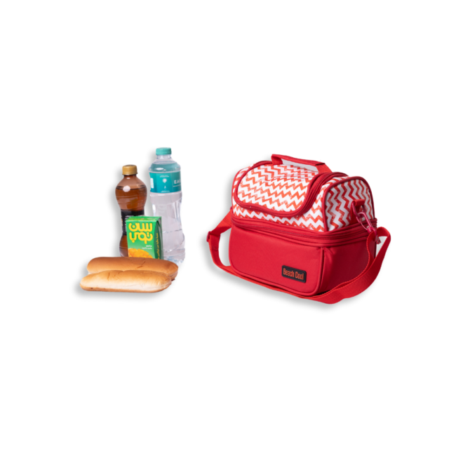 7 liter Lunch Bag Thermal Double Pocket Beach cool-Red with a colorful geometric pattern