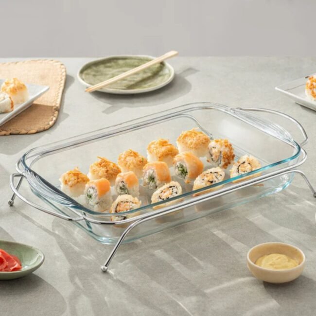 Borcam Rectangle Oven Glass Casserole & Silver Stand 40x25cm -Turkey Made
