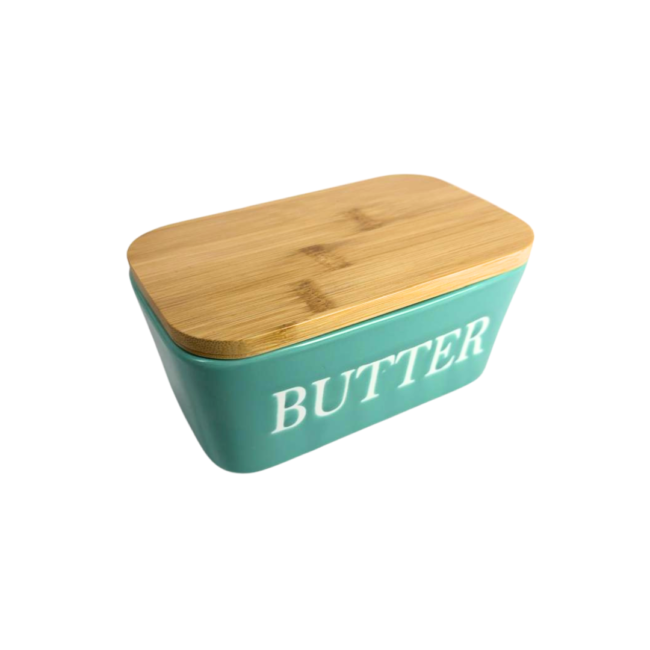 Porcelain Butter Dish with Bamboo Lid-Green (500ml)