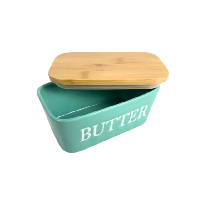 Porcelain Butter Dish with Bamboo Lid-Green (500ml)