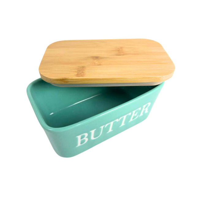 Porcelain Butter Dish with Bamboo Lid-Green (500ml)