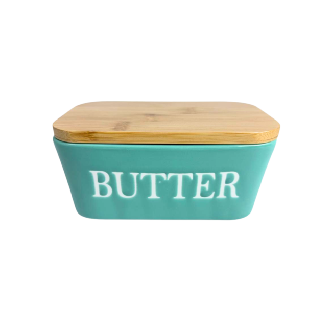 Porcelain Butter Dish with Bamboo Lid-Green (500ml)