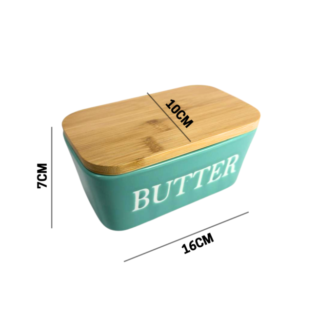 Porcelain Butter Dish with Bamboo Lid-Green (500ml)