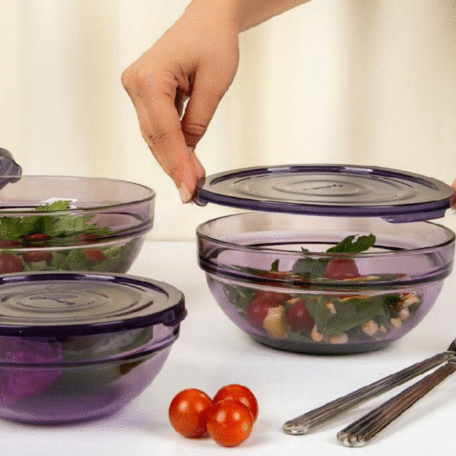 Pasabahce Chef Bowls Set of 3Pcs Different Sizes With Plastic Cover(1700-1135-595ml)Turkey Made-Purple Color