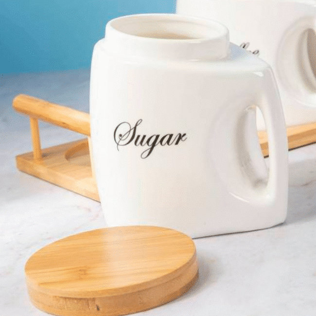 Porcelain Tea Coffee and Sugar Container Set with Bamboo Airtight Lids and Bamboo Tray (750ml)