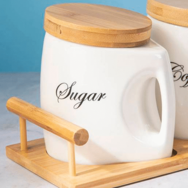 Porcelain Tea Coffee and Sugar Container Set with Bamboo Airtight Lids and Bamboo Tray (750ml)