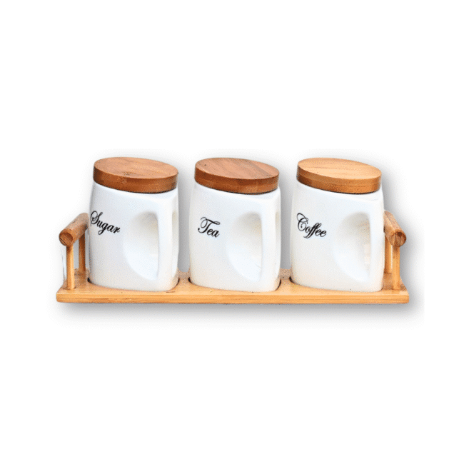 Porcelain Tea Coffee and Sugar Container Set with Bamboo Airtight Lids and Bamboo Tray (750ml)
