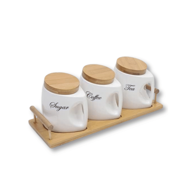 Porcelain Tea Coffee and Sugar Container Set with Bamboo Airtight Lids and Bamboo Tray (750ml)
