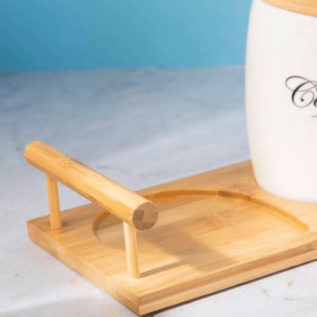 Porcelain Tea Coffee and Sugar Container Set with Bamboo Airtight Lids and Bamboo Tray (750ml)
