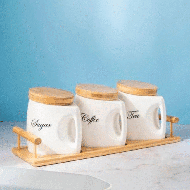Porcelain Tea Coffee and Sugar Container Set with Bamboo Airtight Lids and Bamboo Tray (750ml)