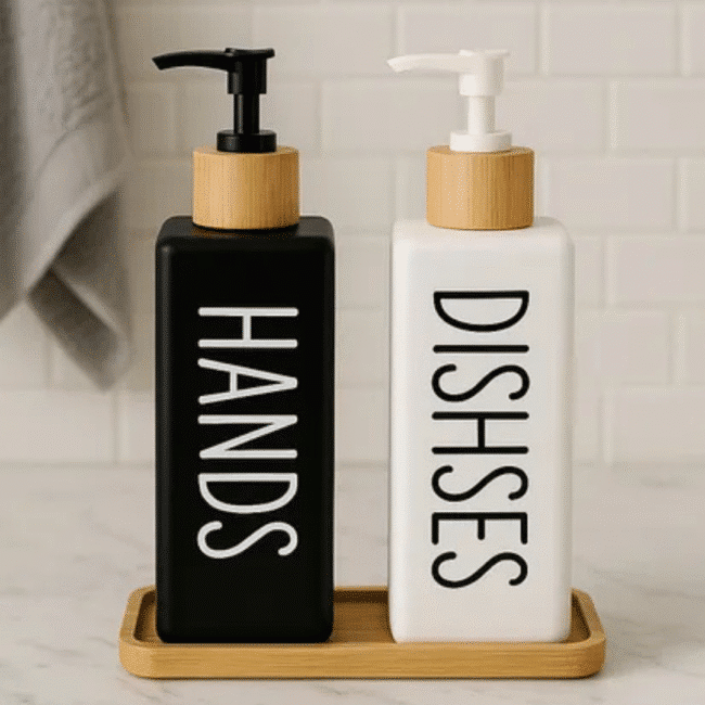 Dish & Hand Soap Dispenser 500ml Set of 2Pcs Refillable Soap Dispenser Square shape (Black &White) - Image 2