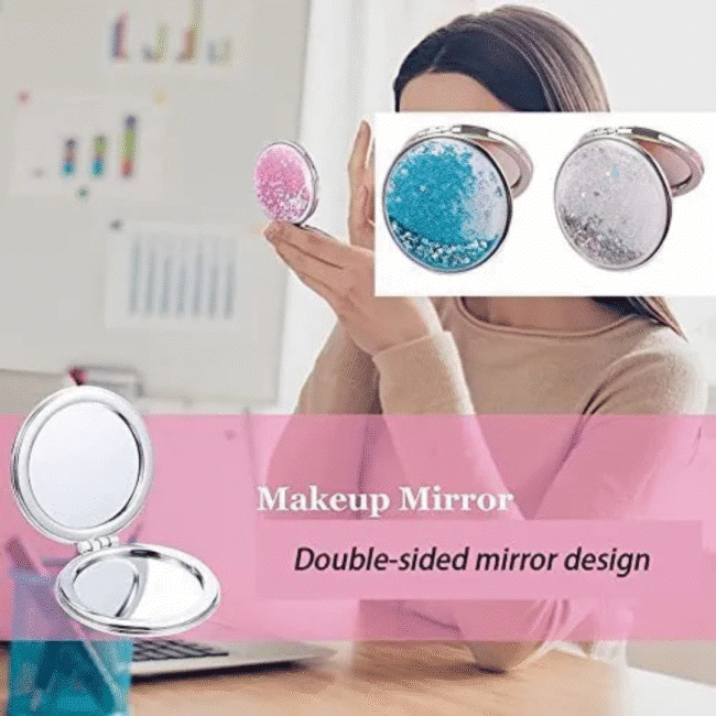 Compact Mirror 2 مرآة أنيقة ببريق سائل مضغوط | مرآة مكياج محمولة قابلة للطي على الوجهين للحقيبة | تصميم متحرك عائم الشكل 6 - الصورة 10
