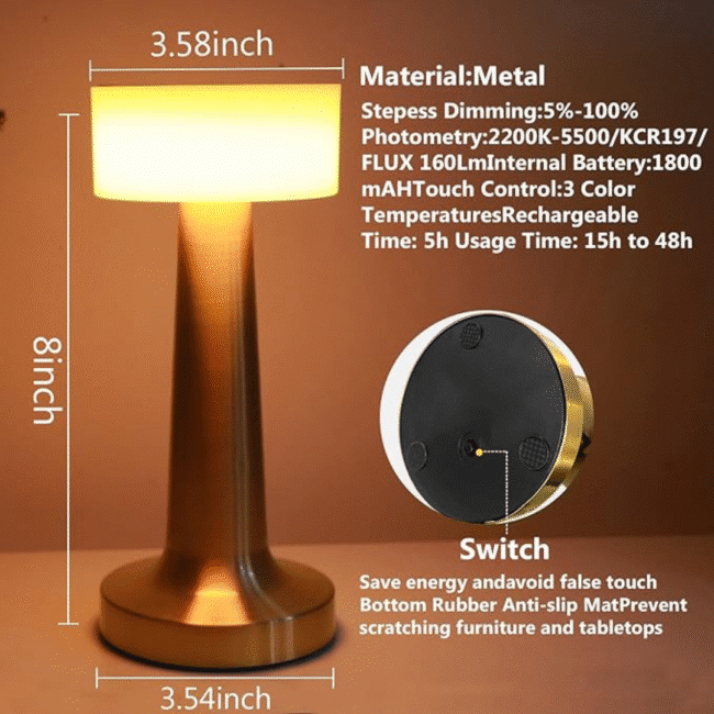 Rechargeable Portable LED Table Lamp with 3 Light Options (White ,Red, Warm) Gold - Image 10
