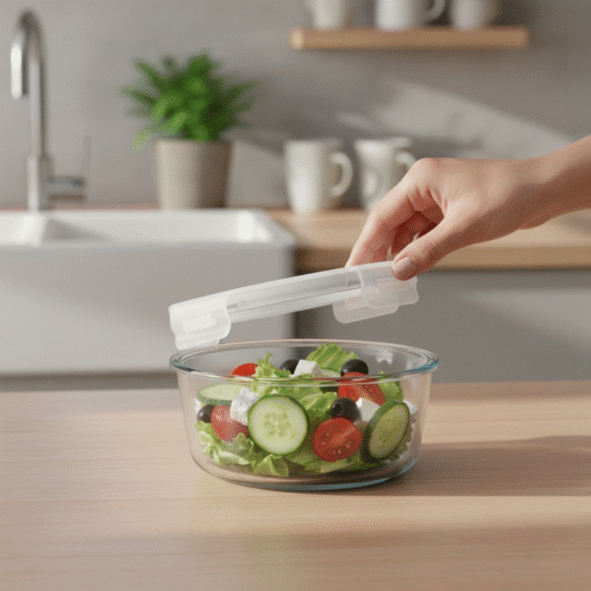 ⁦علبة حفظ طعام زجاجية بوروسيليكات 930 مل مع غطاء محكم من داني هوم – آمنة للفرن والمايكروويف (بعد نزع الغطاء)⁩ - الصورة ⁦2⁩